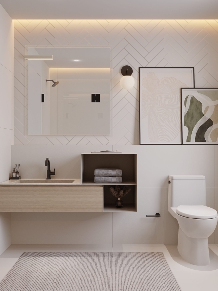 Small and modern white bathroom tiled in white chevron tiles and light wooden italian vanity unit by Studium Dekor.