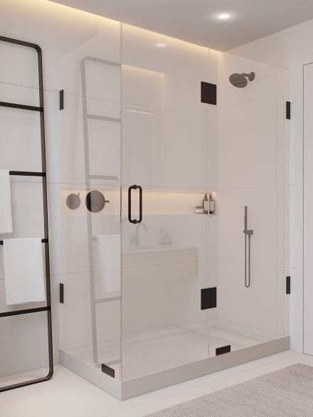 Small and modern bathroom with white tiles and modern and frameless shower enclosure and wooden ladder towel rail.