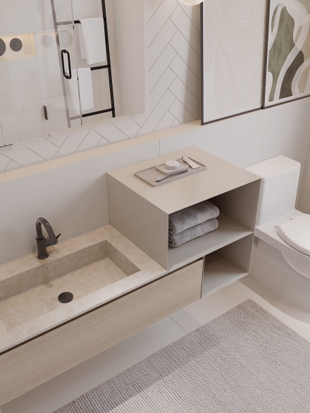 Small and modern white bathroom tiled in white chevron tiles and light wooden italian vanity unit by Studium Dekor.