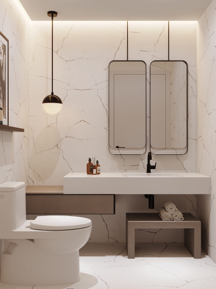 Small powder room with italian furniture and porcelain marble tiles by Studium Dekor.