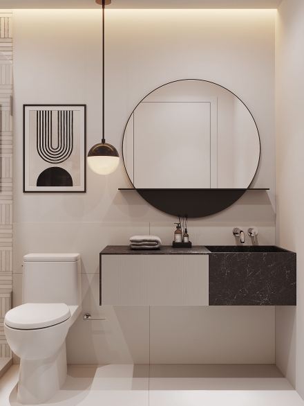 Small modern bathroom with walk-in shower and modern vanity unit with ripple drawer by Studium Dekor.