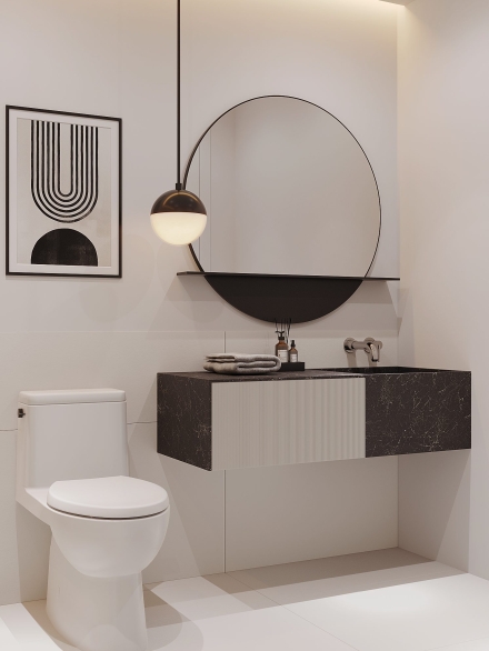 Small modern bathroom with dark grey italian vanity unit with ripple white drawer with lighting pendant and artwork by Studium Dekor.
