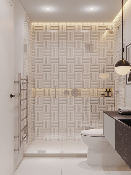 Small bathroom with walk-in shower with frameless shower enclosure and cladded in marble tiles by Studium Dekor.