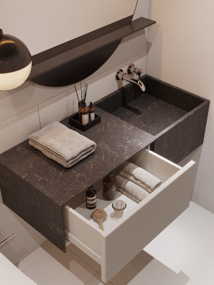 Grey stone modern vanity unit and white drawer in ripple effect by Studium Dekor.