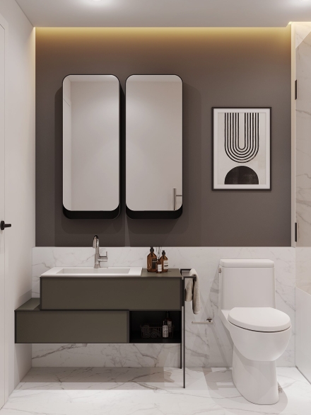 Modern luxury bathroom design with accent wall colour picking up from the modern italian vanity unit and mirrors with storage by Studium Dekor.
