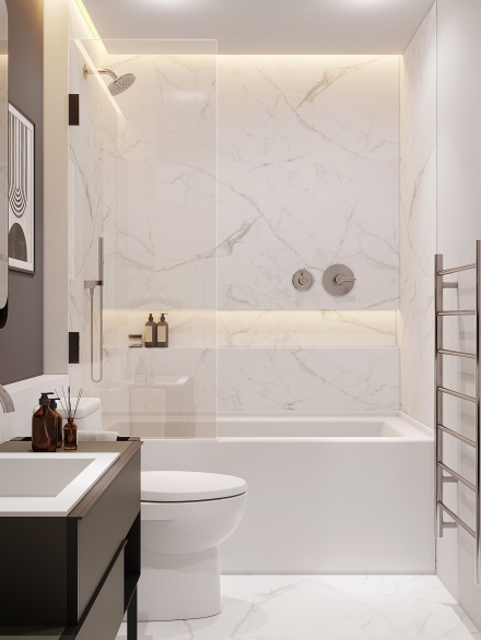 Small luxury bathroom cladded in porcelain tile marble and modern italian vanity unit by Studium Dekor.