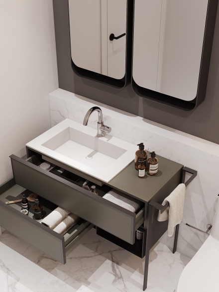Small luxury bathroom with modern italian vanity with two drawers by Studium Dekor.