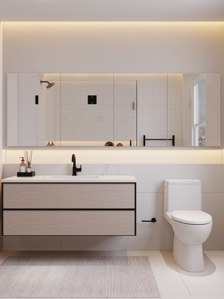 Modern bathroom design photo showcasing an Italian vanity wooden unit with drawers and spacious mirrored cabinet.