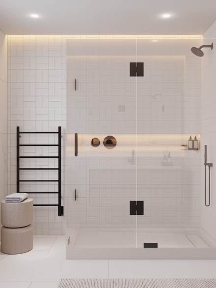 Modern bathroom design for small spaces showcasing a walk-in shower with framess shower enclosure, white tiles and black heated towel rail.
