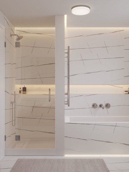 Contemporary Walk-In Shower and Separate Bathtub cladded in Porcelain Marble Tiles by Studium Dekor