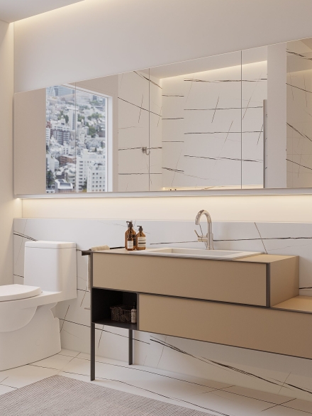 Sleek Modern Bathroom with Porcelain Tiles, Beige Italian Vanity Unit, and Spacious Mirrored Cabinet by Studium Dekor.