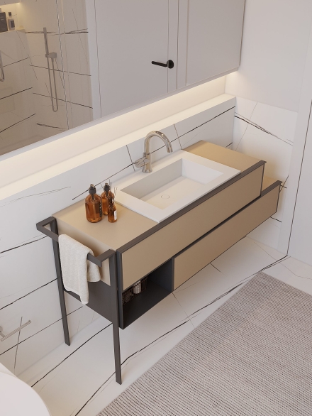 Sleek modern bathroom featuring beige Italian banity unit, and spacious mirrored cabinet by Studium Dekor.