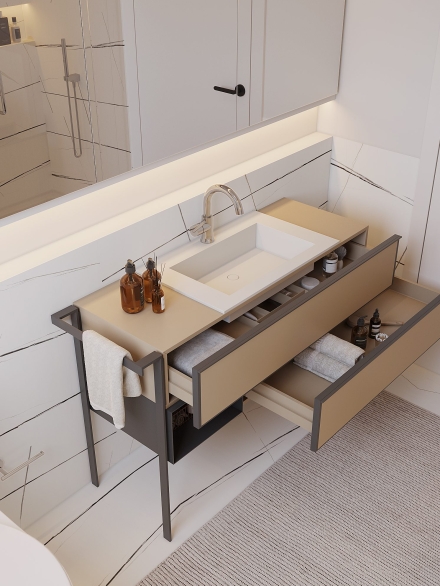 Sleek modern bathroom featuring beige Italian banity unit with open drawers by Studium Dekor.