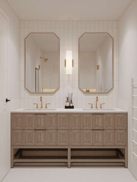 Small bathroom layout featuring double sink mid century vanity unit and double mirrors by Studium Dekor.