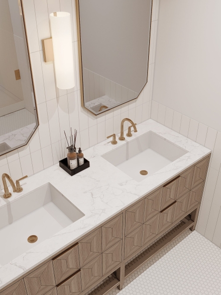 Small bathroom layout featuring double sink mid century vanity unit and double mirrors by Studium Dekor.