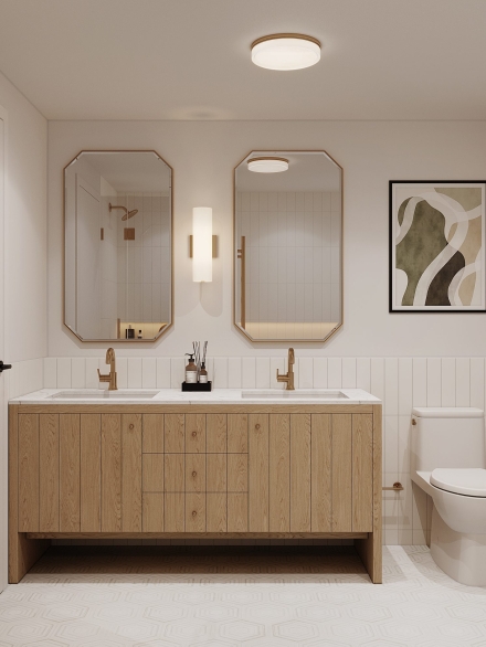 Luxurious small bathrooms with a dual-sink wooden vanity, hexagonal mirrors, and modern art in a minimalist style.