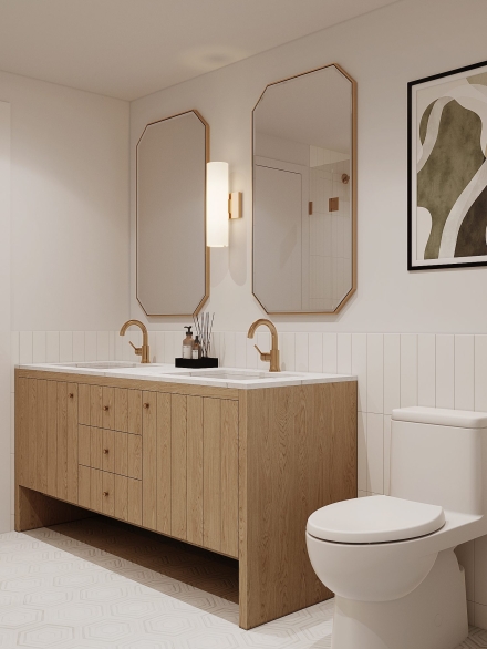 Chic small bathrooms with oak vanity, octagonal mirrors, and a white, minimalist aesthetic.