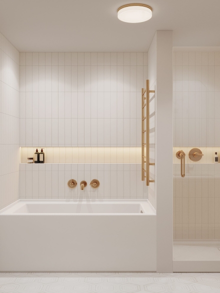 Modern small bathrooms with a clean white bathtub, gold fixtures, and a minimalist ladder towel rack.