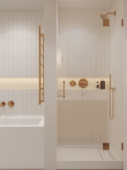 Modern minimalist small bathroom with gold accents, a walk-in shower, and a heated towel ladder.