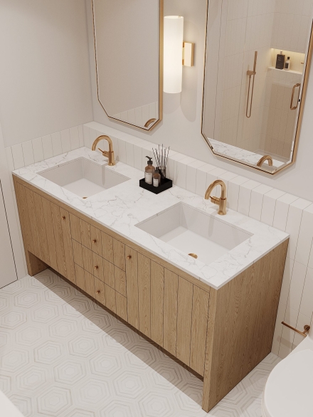 Small bathroom layout featuring ouble vanity with marble top, oak cabinets, gold fixtures, and hexagonal mirrors in a luxe bathroom.