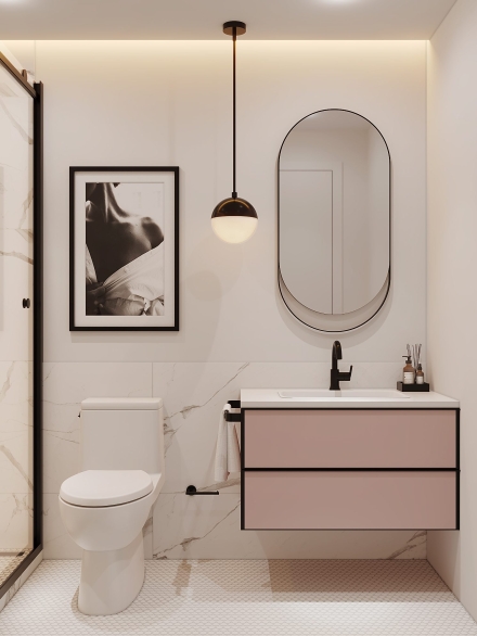 Modern small bathroom with pink italian vanity unit with drawers and porcelain marble tiles and black fixtures.