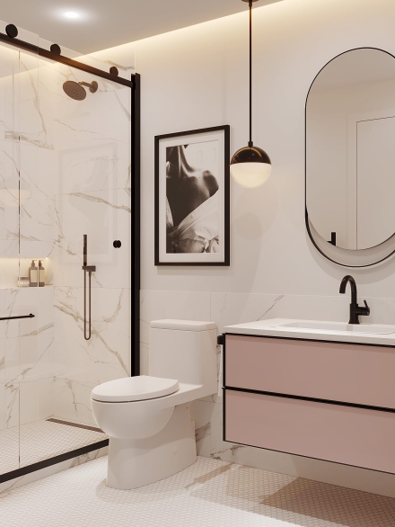 Modern small bathroom with pink italian vanity unit with drawers and porcelain marble tiles and black fixtures by Studium Dekor.