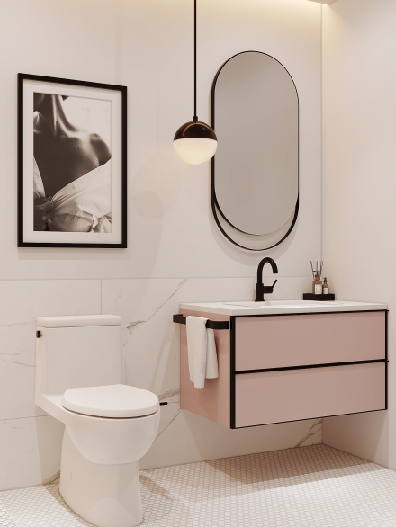 Modern small bathroom with pink italian vanity unit with drawers and porcelain marble tiles and black fixtures.